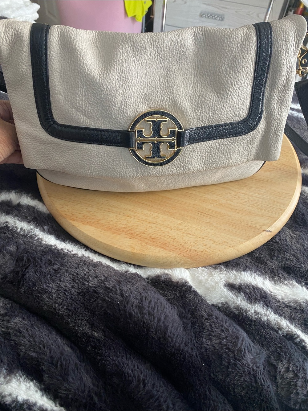 Tory Burch Cream Pebbled Leather Crossbody with Black Trim and Gold Logo